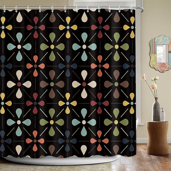 APROPHIC Mid Century Retro Shower Curtain 72x72 Inches, Vintage Geometric Pattern Bathroom Curtain with Hooks, Waterproof Polyester Fabric for Bath Shower, Machine Washable Home Decor for Bath, Black