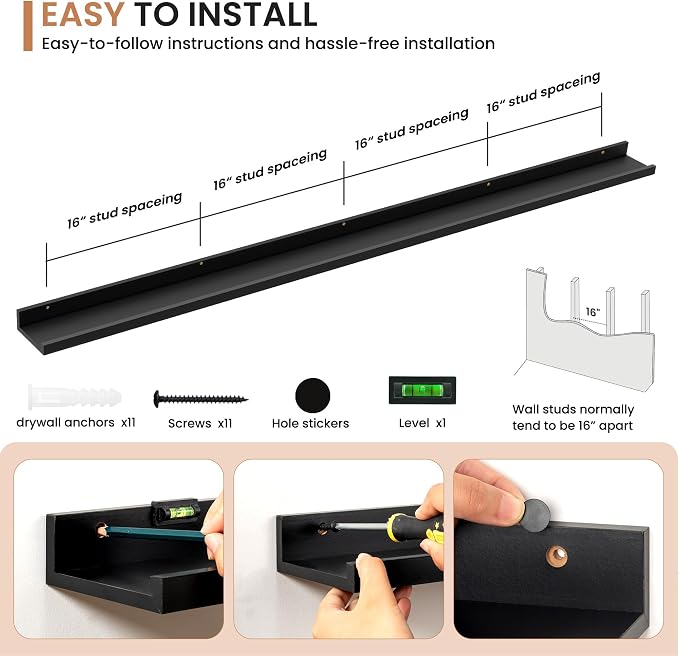 Dreamland Picture Ledge Shelf for Wall, Floating Shelves Set of 2,72 inch Long Floating Shelves with Lip for Living Room,Bedroom,Bathroom,Kitchen,Black