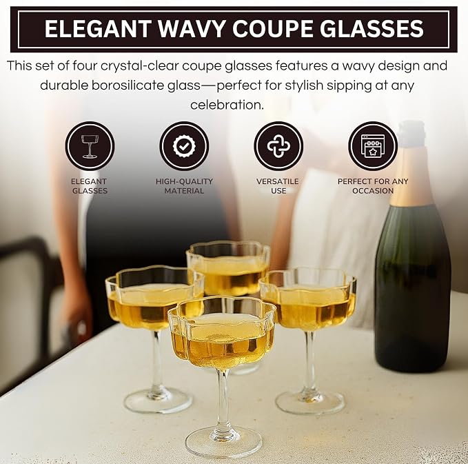Flower Scalloped Vintage Wavy Petals Wave Glass Coupes 7oz Colorful Martini, Champagne & Cocktails, 4 Set Clear Rippled Champagne Glasses, Elegant Bar Glassware, Unique Aesthetic Coupe Glassware Gifts
