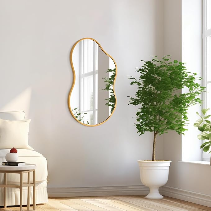 Irregcular Wall Mirror 26"x16" Gold Asymmetrical Bathroom Mirror Metal Framed Modern Decorative Vanity Mirrors for Bedroom Living Room Entryway