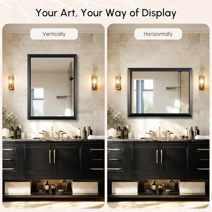 USHOWER 24x32 Inch Floating Bathroom Mirror - Brushed Black Wall Mirror for Over Sink, Beveled Aluminum Frame, Anti-Rust, Rectangular HD Reflection Small Vanity Mirror(Copper-Free Silver Coating)