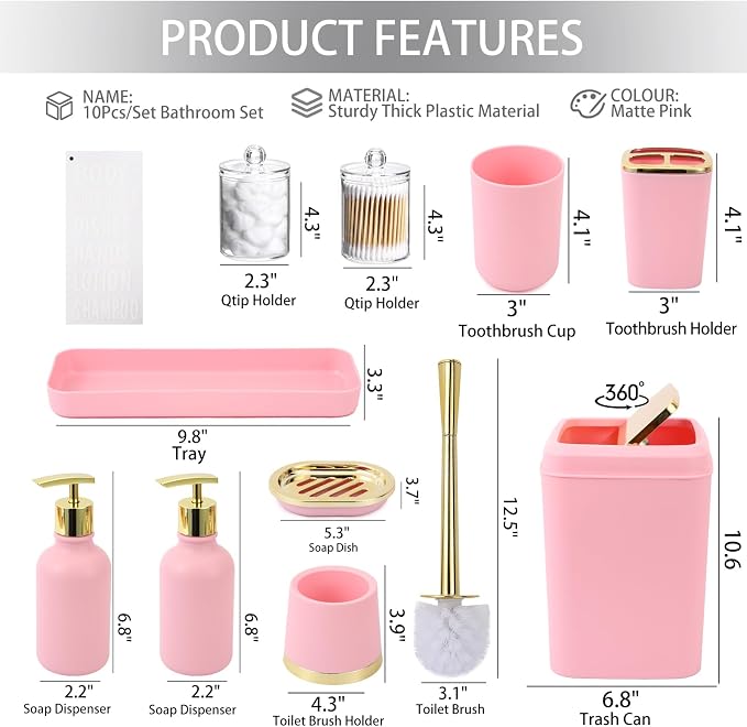 XLHOMO Pink Bathroom Accessories Set - 10 Piece Bathroom Accessory Set with Trash Can, Soap Dispenser, Soap Dish, Toothbrush Holder and Cup, Toilet Brush, Qtip Holder, Bathroom Decor Sets Complete
