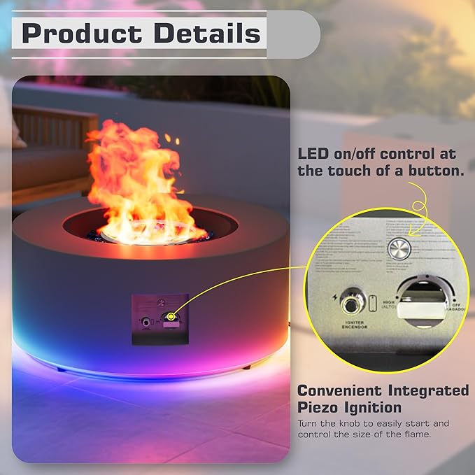 2-Piece 30" LED Round Propane Fire Pit for Outside Patio with Hidden Tank Table, 50,000 BTU Fireplaces with Lid, Glass Rocks, Cover(Dark Grey w/RGB Light)