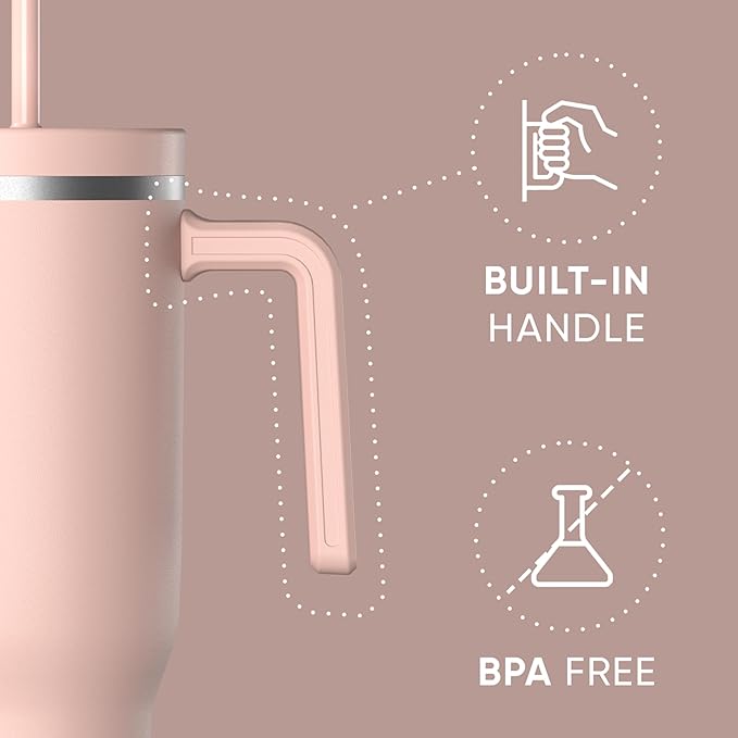 Hydrapeak Voyager 40 Oz Stainless Steel Tumbler with Handle, Insulated Water Bottle With Straw & Lid, Cupholder Friendly Reusable Travel Mug (Peony)