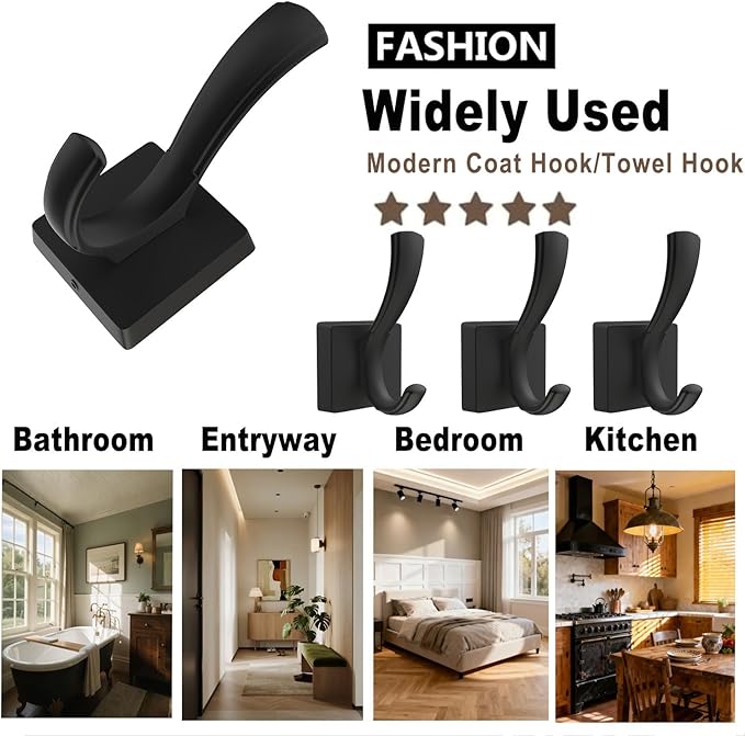 TOFIIGREM Black Towel Hooks Coat Hook, Towels Robe Holder for Bathroom Hat Hooks for Wall Hanging Key Bag Backpack (5 Pack, Black)