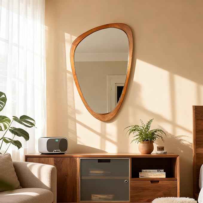 Irregular Wall Mirror Asymmetrical Bathroom Mirror, Wall Mounted Decorative Mirror with Wooden Frame for Living Room, Vanity, Bedroom, Entryway, Hallway (19" x 30")
