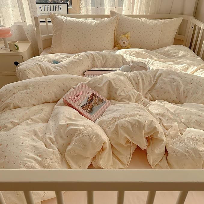 VM VOUGEMARKET Full Comforter Set Vintage Pink Flower Comforter with Romantic Lace Trim Soft Lightweight Bedding Set for Teen Girls-80 x90