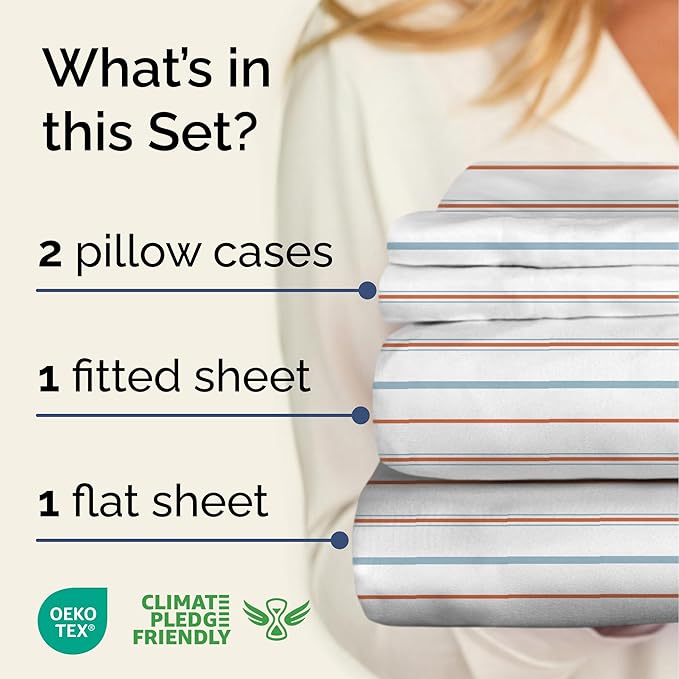 Striped Sheets - Red & Blue Striped Sheets - 1 Flat & 1 Fitted & 2 Pillowcases w/ Deep Pockets – Comfy, Wrinkle & Fade Free - Soft, Breathable & Cooling – Luxury Pinstripe Bedding - Full Size Bed Set
