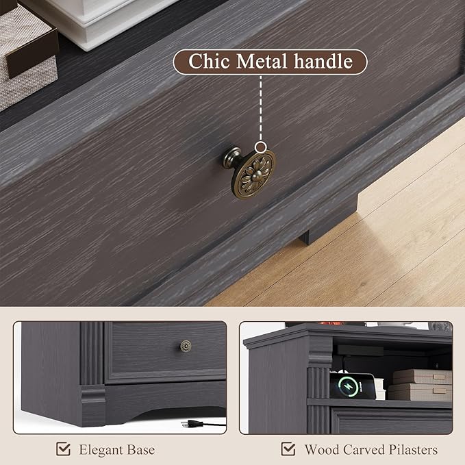 Nightstand with Charging Station, Farmhouse End Table with 2 Drawers and Storage Shelf, Wooden Bedside Table with Metal Handles, Vintage Design, Organizer for Bedroom, Hallway, Grey