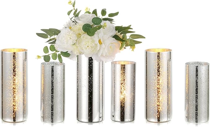 Glass Cylinder Vases Set of 6, Hewory Glittery Silver Vase for Centerpieces, Hurricane Candle Holders for Pillar or Floating Candle, Round Tall Vase for Wedding Anniversary Events Home Table Decor