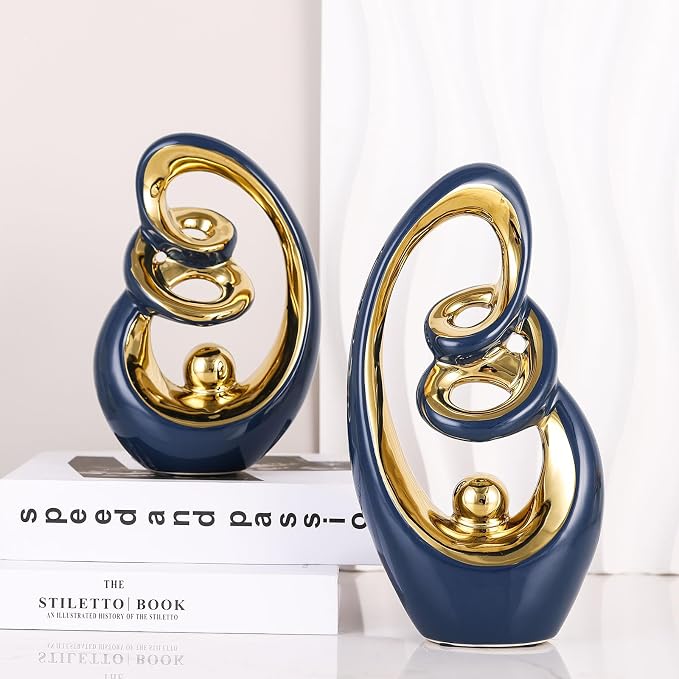 Blue Gold Ceramic Abstract Sculpture, Modern Art Deco Statues With Gold Accents For Home, Tv Stand Decor Centerpieces