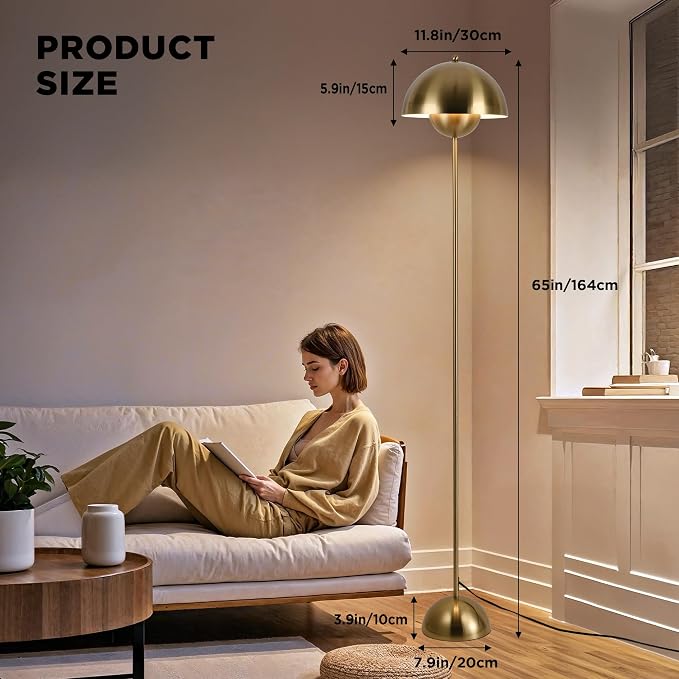 COSYLUX Modern Floor Lamp for Living Room, Industrial Tall Standing Lamp for Bedroom, Metal Shade Reflecting Light Reading Floor Lamp for Office, Nursery Room, Corner(Bright Gold)