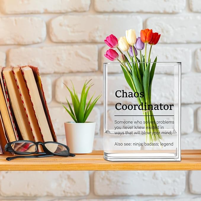 Chaos Coordinator Bosses Day Gifts for Women Men Manager Funny Office Decor for Women Wooden Acrylic Book Flower Vase National Boss Day Decorations Gifts for Leader HR Manager Bookshelf Desk Decor