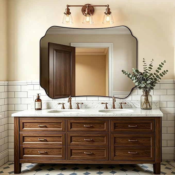 ANDY STAR Bronze Bathroom Mirror 30x40 Inches, Large Farmhouse Scalloped Wall Mirror with Vintage Charm, Stainless Steel Frame for Hallway, Lounge and Vanity Area