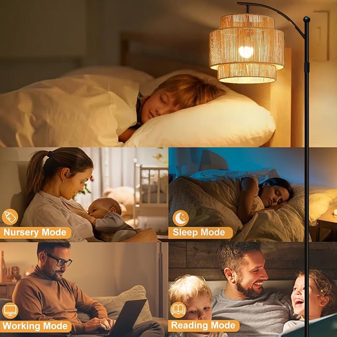 Rattan Floor Lamp with 3 Color Temperatures, Dimmable Boho Floor Lamp with Remote Control, Adjustable Height Tall Lamp for Living Room, Bedroom, Office, Wicker Standing Lamp with Foot Switch