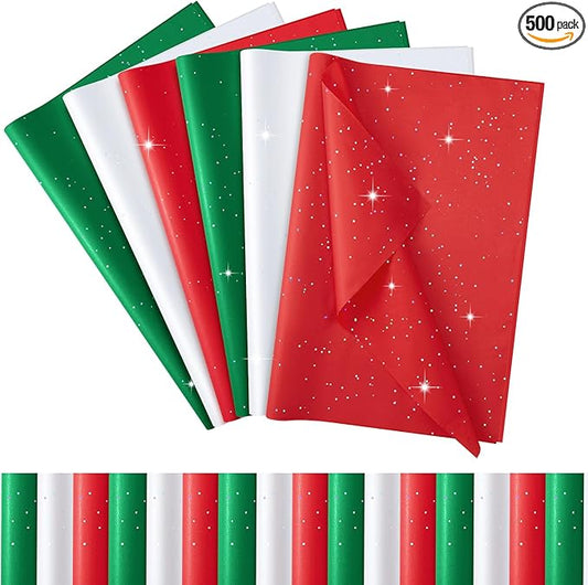 Qilery 500 Sheets Christmas Glitter Red Green White Tissue Paper Bulk 15 x 20 Inch Wrapping Paper for Gift Bags Acid Free Tissue for Christmas Craft Supplies, Bouquets, Garlands, Forming Pompoms