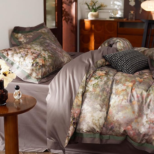 mixinni Vintage Floral Duvet Cover Set - Queen Size, 100% Long Staple Cotton Percale, Reversible Garden Style Bedding Set with Zipper Closure, 3-Piece Luxury Duvet Cover with 2 Pillow Shams (20"x26")
