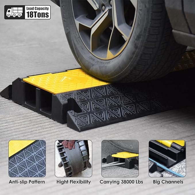 OranLite Large 2-Channel Rubber Floor Cable Protector Ramp, Heavy-Duty Floor Cable Wire Cord Cover Speed Bumps, Driveway Hose Cable Ramp Protective Cover (2 Large Channels)