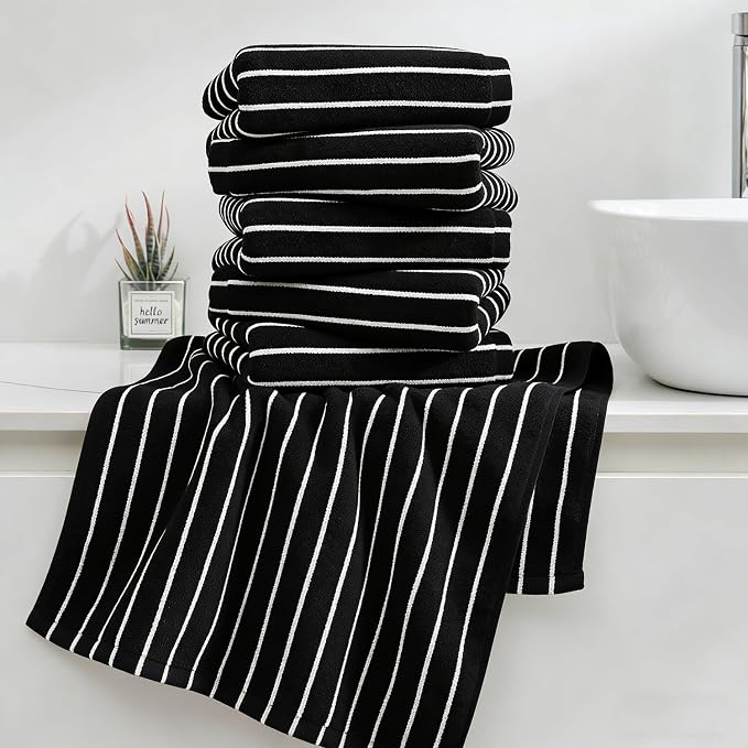 Premium Cotton Striped Hand Towels, White with Black Stripes, 13 x 29 Inches, Lightweight Quick-Dry Absorbent Bathroom Towels, 6 Piece Set (Black)