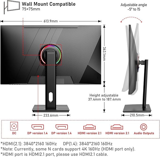 Gawfolk 27 inch IPS PC Screen, 4K Gaming Monitor 160Hz, 1ms, FreeSync, 100% sRGB, 178° Wide Viewing Angle, HDMI 2.1, DisplayPort,Height-Adjustable and Swivel,75 * 75MM Wall Mount Compatible - Black