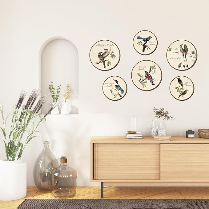 TOARTi 6pcs Vintage Bird Wall Art Set(9.9”x3/7.9”x3) Round Bird Botanical Wooden Plaques Rustic Bird Plant Round Wall Hanging Farmhouse Birds Wall Decor for Home Bedroom Living Room Bird Lover Gift