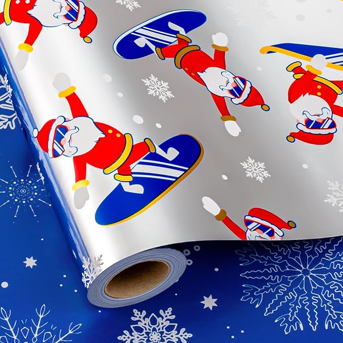 MAYPLUSS Reversible Christmas Wrapping Paper Roll - 17Inch X 33Feet - Funny Metallic Foil Athletic Santa Claus Skating Snow Pattern Winter Gift Wrap Paper for Christmas, Holiday, Party, Celebration