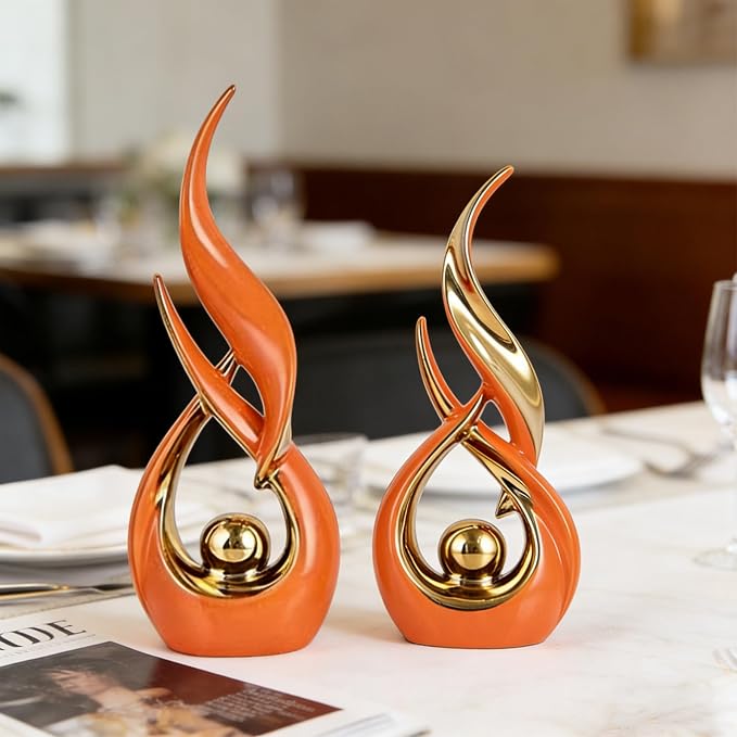 2 PCS Orange Gold Ceramic Statues For Home Decor Accents, Modern Abstract Art Sculptures, Elegant Tabletop Decorative Objects For Dining Room, Entryway, Tv Stand, Mantel, Coffee Table Centerpieces