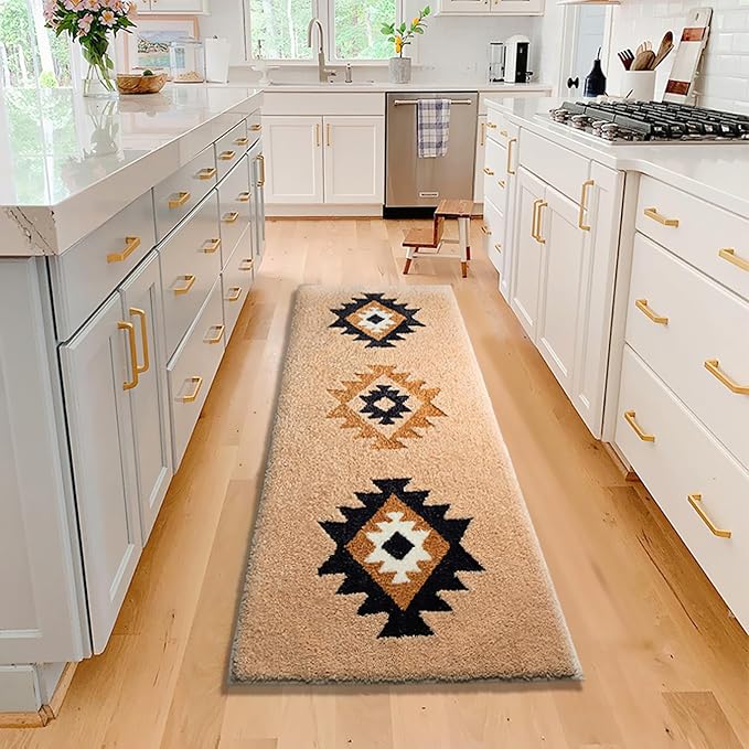 Boho Bathroom Rugs Runner 60x24 Inch Accent Long Non Slip Bohemian Area Runner Rug for Bathroom Tub Kitchen Entryway Laundry Bedroom Washable Bedside Rug Hallway Rug, Camel