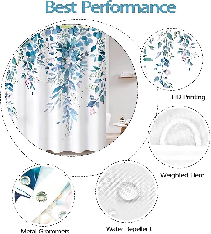 Long Blue Eucalyptus Shower Curtain Watercolor Floral Plant Leaf Shower Curtains for Bathroom Botanical Flower Waterproof Fabric Bath Curtain Decor with Hooks (Blue, 72'' x 78'')