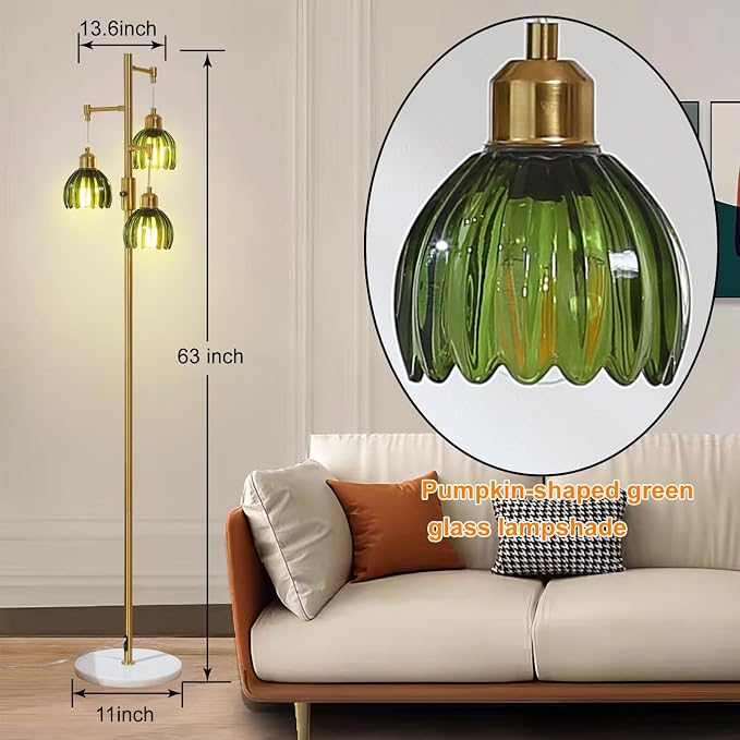Dimmable Gold Floor Lamp,3-Light Vintage Retro Tree Floor Lamp,Farmhouse Standing Lamp with 3 Elegant Glass Green Flower lampshades for Living Room Bedroom (Brass Gold)