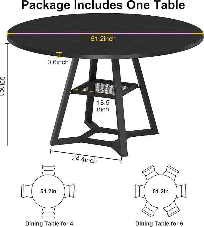 knoworld 51'' Round Dining Table, Kitchen Tables Dining Room Circle Dinner Table with Pedestal Metal Frame, Space Saving Wood Industrial Kitchen & Dining Room Tables, Black 51In