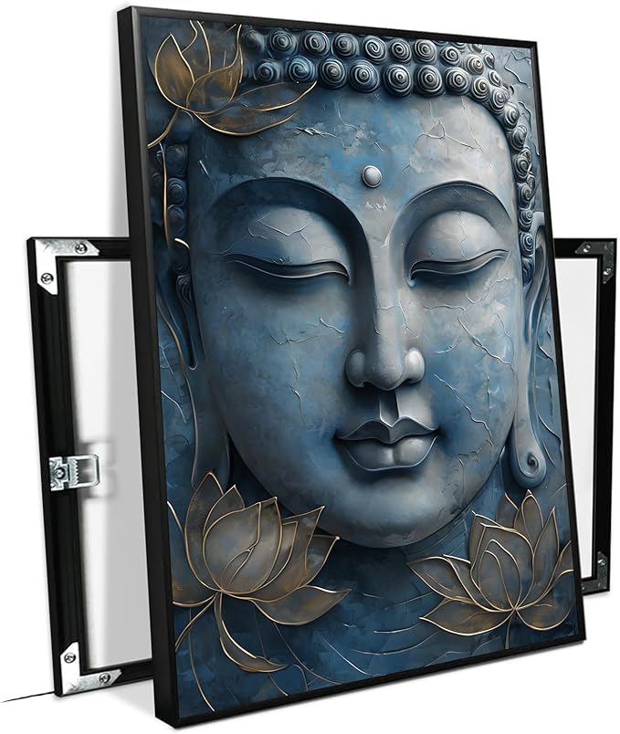 Canvas wall art Golden lotus crown Serene Buddha poster Ethereal blue toned art with delicate floral decor Zen wall art for a tranquil meditation space 16x24in Metal blackFramed