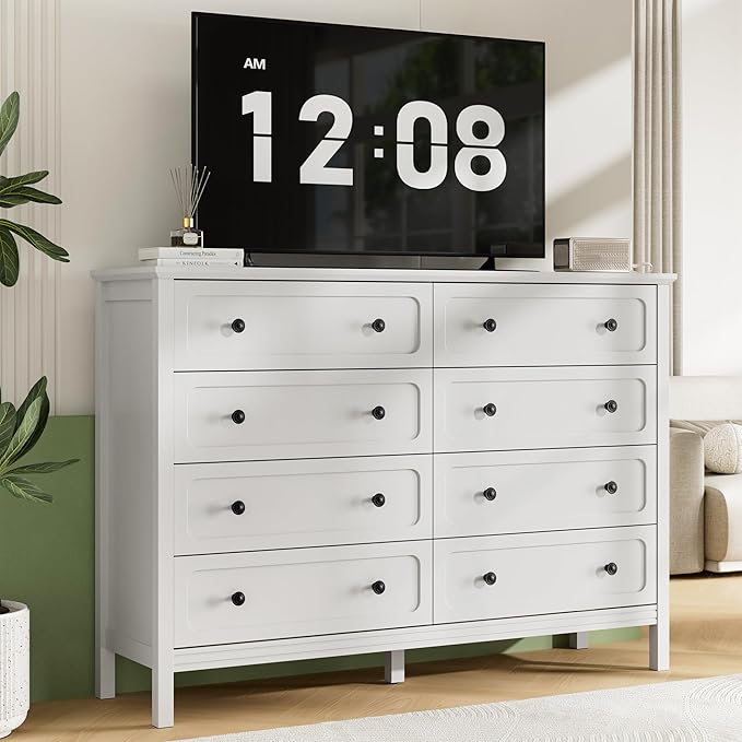 White Dresser for Bedroom, 8 Drawer Dresser with Metal Handles, 55" Wide Modern Dressers & Chest of Drawers for Living Room, Hallway, Entryway
