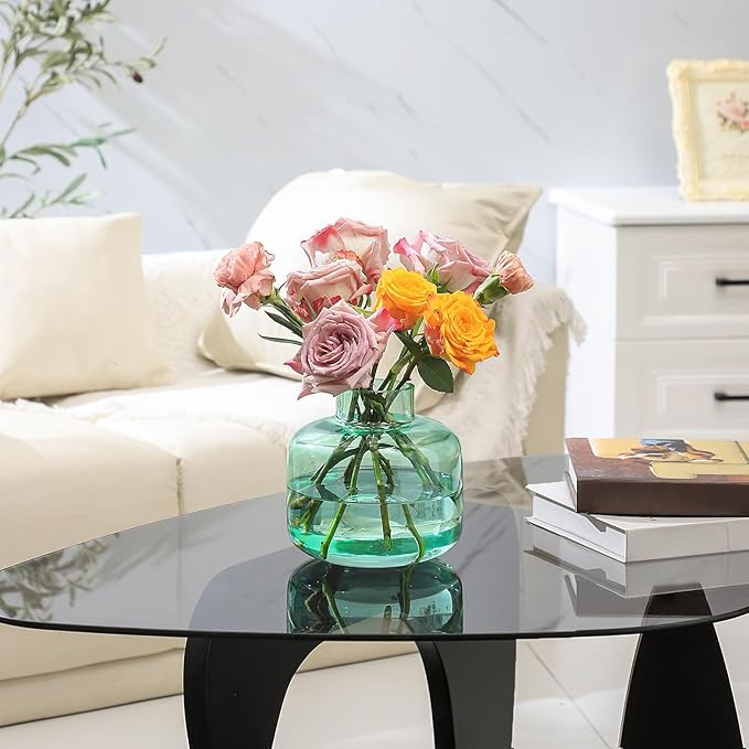 Green Glass Vase, Short Flower Vase, Round Glass Vases for Flowers, 6 Inch Small Glass Vases for Living Room, Dining Table, Wedding, Bookshelf, Office, Coffee Table