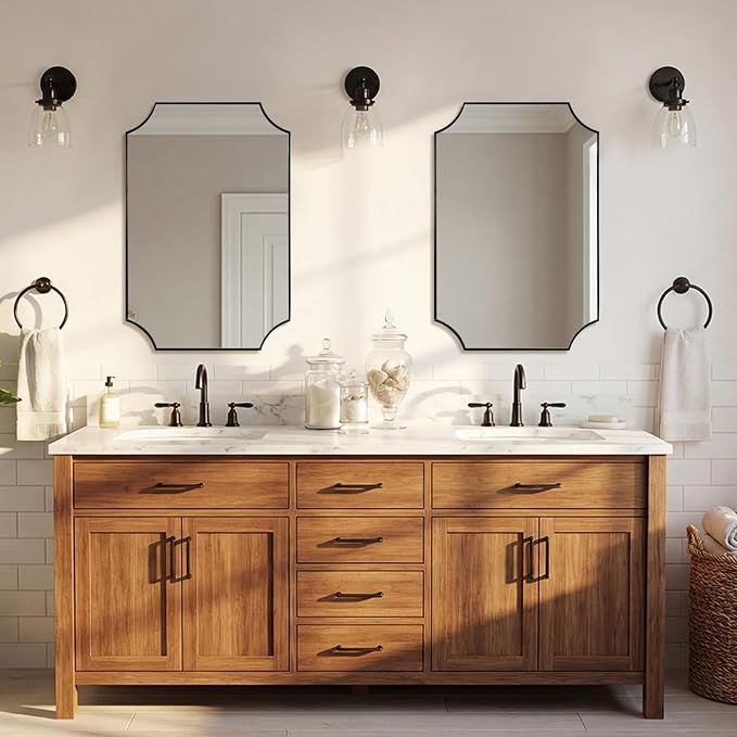 ANDY STAR 20"x30" Bathroom Mirror, Matte Black Vanity Mirror, Scalloped Rectangle Mirror in Premium Stainless Steel Frame, Scalloped Corners Design, Compact Size Ideal for Small Bathroom Remodel