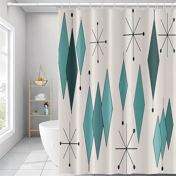 Mid Century Turquoise Shower Curtain Abstract Teal Diamond Geometric Atomic Starburst Pattern Beige Backdrop for 1950s Retro Bathroom Decor Shower Curtain Set with 12 Hooks, 65x72 Inches
