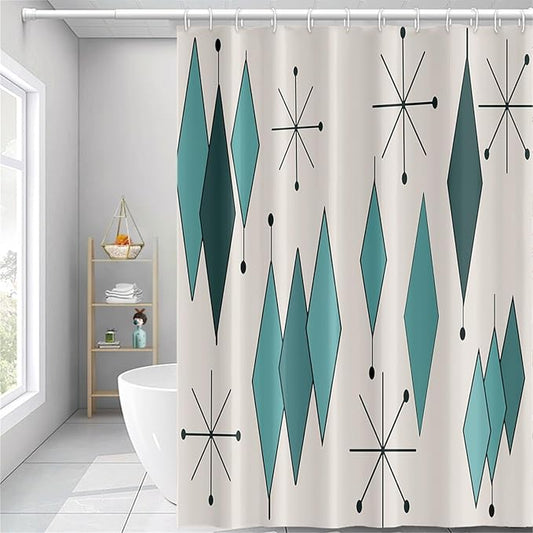 Mid Century Turquoise Shower Curtain Abstract Teal Diamond Geometric Atomic Starburst Pattern Beige Backdrop for 1950s Retro Bathroom Decor Shower Curtain Set with 12 Hooks, 69x70 Inches