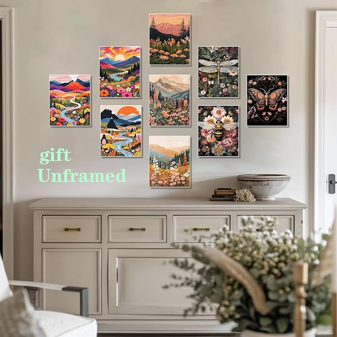 Colorful Nature Floral Wall Art Set of 3 12x16in Wood Framed, with 9 Bonus 8x10in Poster Art Prints, Boho Retro Wildflower Landscape Artwork Wall Decor for Living Room Bedroom Home Decor