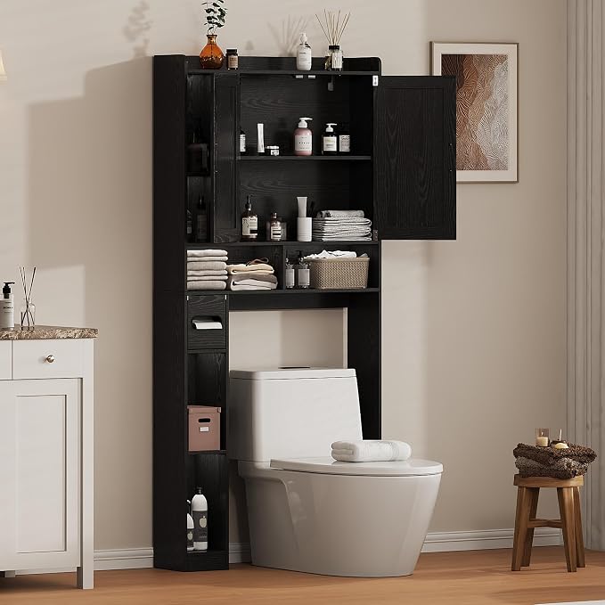 Over the Toilet Storage Cabinet, 31.1”W Bathroom Organizer with Double Doors, Above Toilet Rack, Detachable Toilet Paper Holder for Bathroom & Laundry Room Black