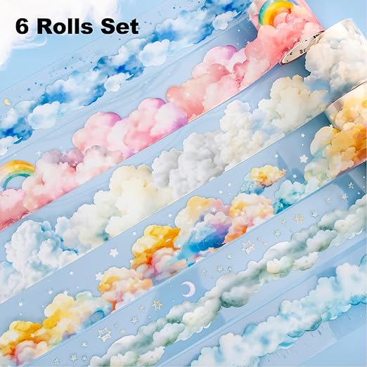 AuriicLeaf Dreamy Cloudscape PET Tape Set, 6 Rolls of Sky-Themed Stickers for Scrapbooking, Junk Journaling, DIY Crafts, and Art Supplies