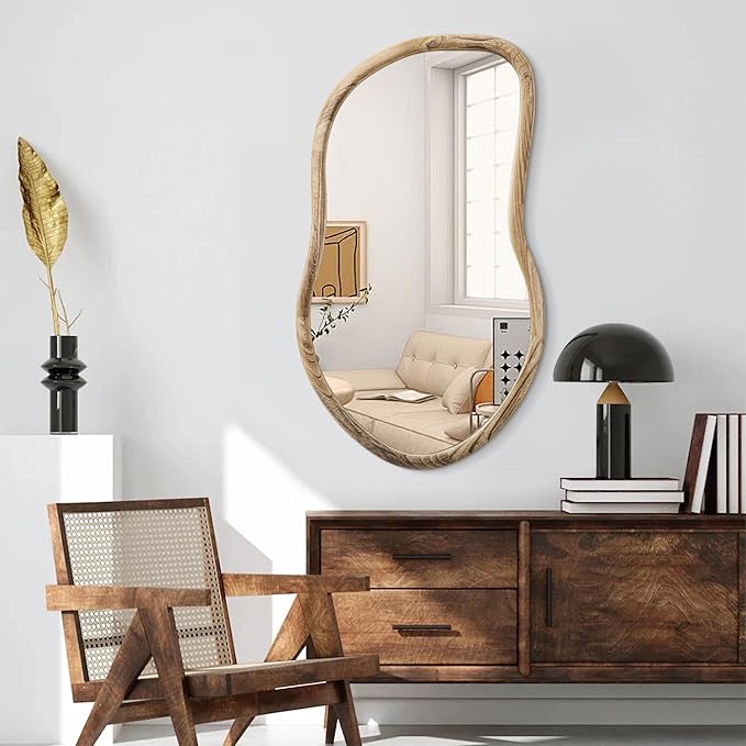 Irregular Wall Mirror Wood Asymmetrical Mirror Large Bathroom Vanity Mirrors Natural Wood Framed Abstract Mirrors for Wall Living Room Bedroom Decorative