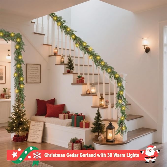 Artgar Christmas Cedar Garland, 6 Ft Realistic Pine Garland, Prelit Christmas Garland with 30 Warm Lights with 8 Light Modes for Mantels Stair Table Indoor Outdoor Winter Xmas Decor (Green)