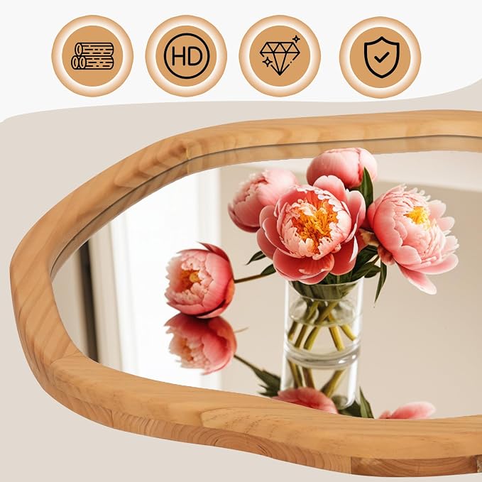ULIKE Round Wood Mirror, 30 Inch Irregular Circle Vanity Wall Mirror with Wooden Frame, Rustic Decorative Wall Mount for Bathroom Bedroom Living Room Entryway, Natural