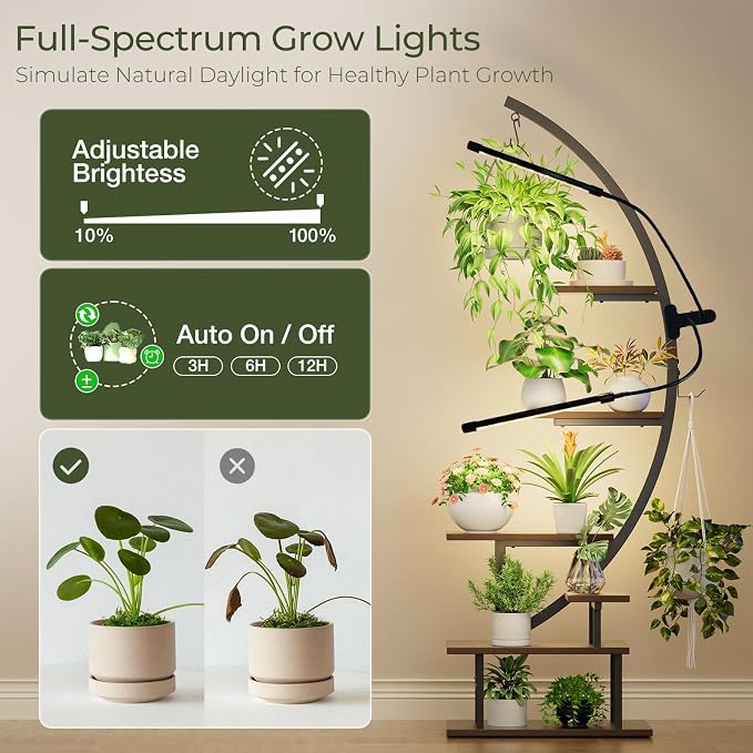 GREENSTELL Plant Stand Indoor with Grow Light, 7-Tiered Tall Metal Plant Stand for Indoor Plants, Half-Moon Shape Display Shelf for Home,Living Room, Patio, Dark Brown (1 Pack)