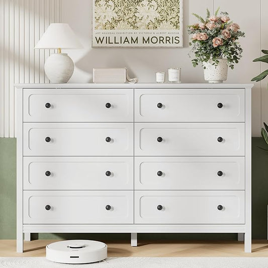 White Dresser for Bedroom, 8 Drawer Dresser with Metal Handles, 55" Wide Modern Dressers & Chest of Drawers for Living Room, Hallway, Entryway