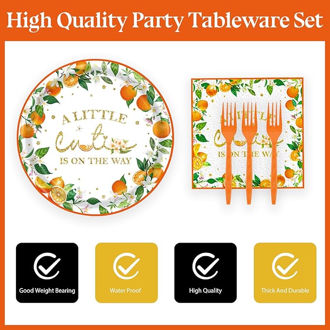 72 Pcs Little Cutie Baby Shower Party Supplies - Orange Birthday Decorations, Paper Plates and Napkins Set - A Little Cutie is on The Way Tableware Serves 24