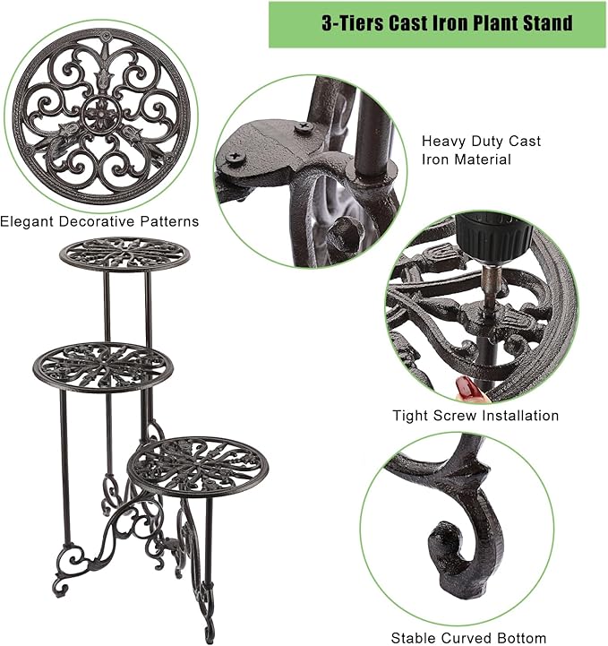 OwnMy 3 Tier Heavy Duty Cast Iron Plant Stand Foldable Wrought Iron Flower Pot Holder, Indoor Outdoor Tall Plant Stand Shelf for Garden Patio, Decorative Round Metal Plant Display Rack, Retro Brown