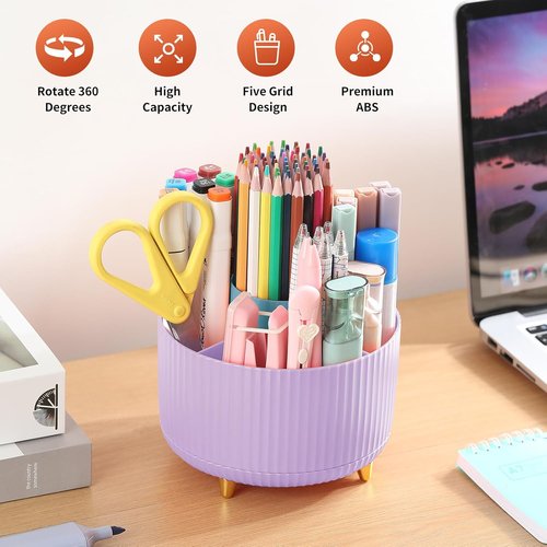 Skiennix 360° Rotating Desk Pencil Holder - 5 Slot Organizer for Office & Home - Purple