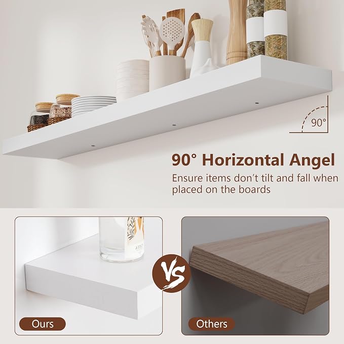 fuqing White Floating Shelves 48 Inch Set of 2, Solid Wood Wall Mounted Shelves 48 Inches Long, Modern Floating Shelves for Bedroom Living Room Bathroom - White
