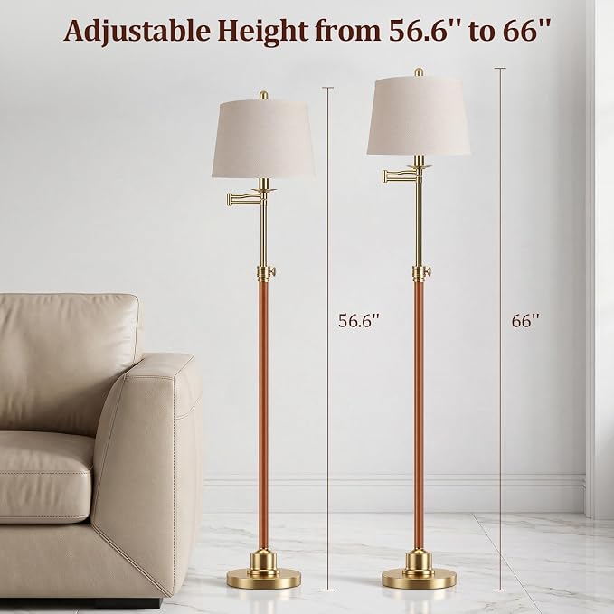 Vintage Floor Lamp for living room, Walnut Gold Farmhouse Standing Lamp with 350° Swivel Swing Arm, 56.6''-66'' Mid Century Modern Height Adjustable Tall Lamp for Bedroom Office(LED Bulb Included)